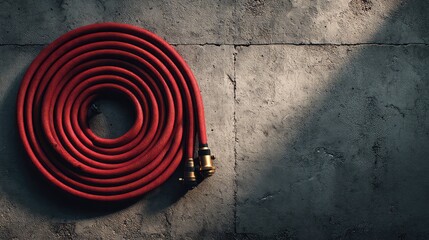 Rolled red garden hose with brass fittings on a textured concrete surface