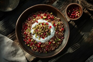 fluffy quinoa in bowl with ruby-red pomegranate seeds, crushed pistachios, and creamy natural yogurt on dark wood  background with shadow.
