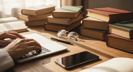 Person Using Laptop Surrounded by Stacked Books and Reading Glasses in Cozy Study