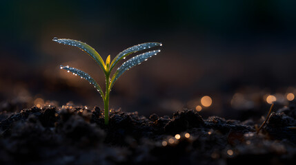 New Beginning: A tender green sprout, glistening with morning dew, emerges from rich dark soil. This scene is a vivid representation of nature's renewal and growth.