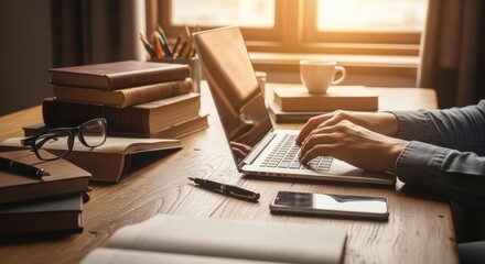 Person Typing on Laptop in Cozy Home Office with Books and Coffee