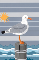 Seagull Perched on Rope-Wrapped Wooden Post with Stylized Ocean Waves, Yellow Sun, and Striped Background Digital Illustration