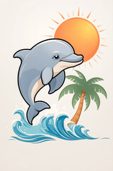 Playful Cartoon Dolphin Leaping from Blue Waves with Orange Sun and Tropical Palm Tree on White Background
