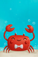 Cheerful Red Crab Cartoon Illustration with Striped Bow Tie, Raised Claws, and Underwater Blue Background with Bubbles and Sandy Floor