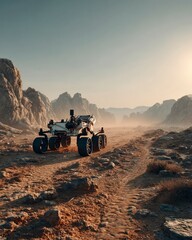 Mars rover drive across a rocky Martian plain with jagged boulders and red dust