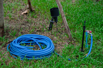 Blue Garden Hose and Red Faucet on Green Lawn