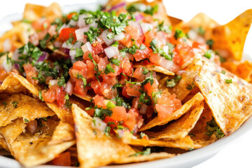 Crispy tortilla chips topped with fresh pico de gallo isolated on a transparent background corn fried