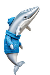 Digital Illustration of Anthropomorphic Gray Whale Wearing Blue Knitted Sweater and Beanie on White Background