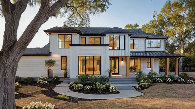 Modern farmhouse with landscaping and large tree at sunset
