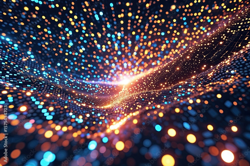 Poster enigmatic digital mosaic: sparkling patterns and dynamic pixel shapes