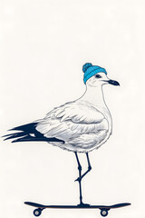 Minimalist drawn illustration of a seagull wearing a blue beanie standing on a black skateboard with white background