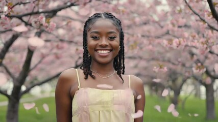 Young black woman smiling in cherry blossom park - Powered by Adobe