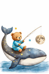 Watercolor Illustration of Teddy Bear in Starry Pajamas Fishing Moon While Sitting on Smiling Blue Whale