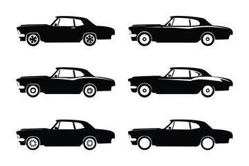 Classic Car Silhouette Set: A sleek compilation of vintage automobile silhouettes, rendered in stark black, highlighting the timeless design and powerful presence of iconic cars from a bygone era.