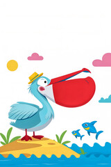 Vibrant Cartoon Pelican with Red Beak and Yellow Hat on Sandy Island Surrounded by Playful Fish, Blue Waves