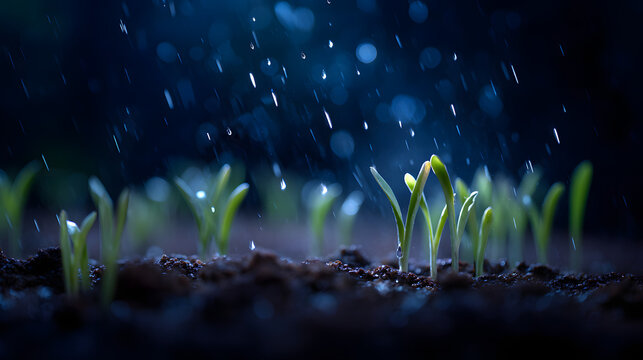 Growth in Darkness: A delicate scene of new life emerging as tiny green seedlings sprout from the dark earth. Illuminated by the gentle drizzle, symbolizing hope, and potential.