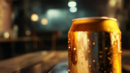 Refreshing golden aluminum can with condensation on wooden table in a pub