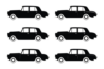 Silhouette Symphony: Six classic car silhouettes. Featuring an elegant collection of vintage automobiles, each exuding timeless charm in a monochromatic display of automotive history.