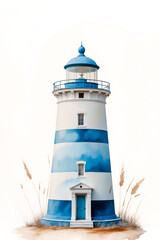 Watercolor Illustration of Blue and White Striped Lighthouse with Observation Deck and Grassy Base on White Background