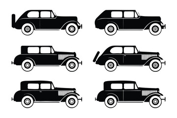 Fototapeta premium Classic Car Collection: A set of six vintage car silhouettes, showcasing classic car designs from a bygone era. Perfect for automotive enthusiasts and retro design projects.