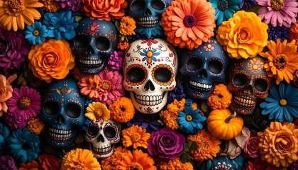Colorful sugar skulls & flowers, Day of the Dead