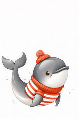 Cute Cartoon Whale Wearing Red Striped Sweater and Knit Hat on White Background – Playful Digital Animal Illustration