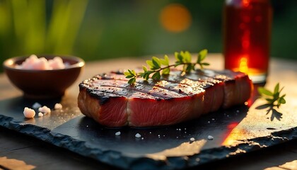 Sunset BBQ Vibes – Grilled NY Strip Steak with Salt & Balsamic on Slate Plate

Grilled NY Strip Steak at Sunset – BBQ Scene with Slate, Salt & Balsamic Glaze

Perfect BBQ NY Strip Steak – Sunset Ambie