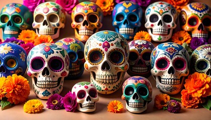 Colorful sugar skulls surrounded by flowers