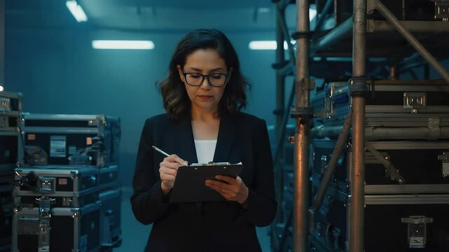 Amidst the clatter of a bustling movie set, a woman diligently checks for continuity errors with a clipboard in hand. She focuses intently in a quiet corner away from the chaos