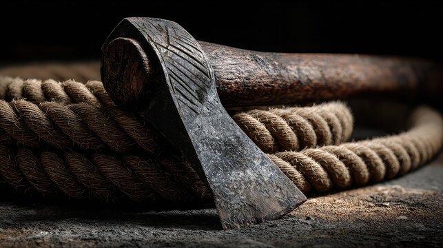 Rustic axe blade resting on thick rope with textured background - Powered by Adobe