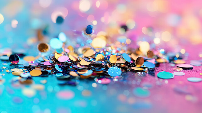 Holographic confetti scattered on a smooth iridescent surface - Powered by Adobe