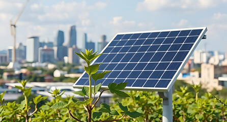 Fototapeta premium Solar Panel Installation in a Green Public Park, Photovoltaic Solar Panels in City Park on a Sunny Day