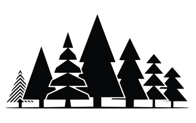 Graphic illustration of a dense forest, offering a minimalist, black and white evergreen trees silhouette design.