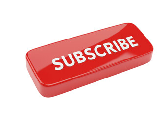 A glossy, deep red rectangular "SUBSCRIBE" button, perfectly rendered with sharp contours, presented in 3/4 view against a transparent background with copy space, under bright, uniform, shadowless