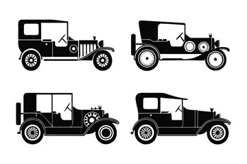 Vintage automobiles: A collection of meticulously detailed, high-contrast illustrations showcases a range of classic, vintage automobiles. They embody timeless elegance and historical charm