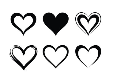 Artistic black hearts show love and romance, hand-drawn vector graphics with unique styles on a white background for Valentine's Day, silhouette