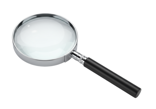 A classic magnifying glass with a bright, clear, reflective glass lens, shiny silver chrome metal rim, and ergonomic black handle, 3/4 view, positioned diagonally on a transparent background with copy - Powered by Adobe