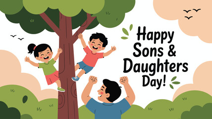 Celebrate happy sons and daughters day greeting card with cheerful kids playing in nature scene