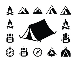 Camping adventure vector icons illustrate the great outdoors with tents, mountains, backpacks, bonfires and compasses in minimalist style, silhouette