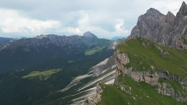 Aerial view of the Dolomites mountain range, Italy.