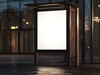 Empty billboard in a modern urban setting at night.