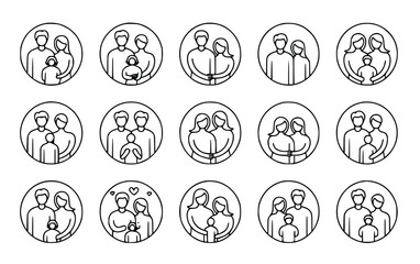 Outlined family icons showcase diverse configurations, representing traditional and same sex couples with or without children in simple drawings, silhouette