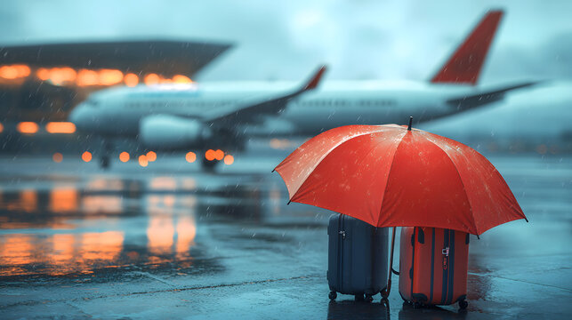 Travel Insurance Safeguarding Your Journey - Red umbrella shelters airplane and luggage, symbolizing travel protection, safety, security