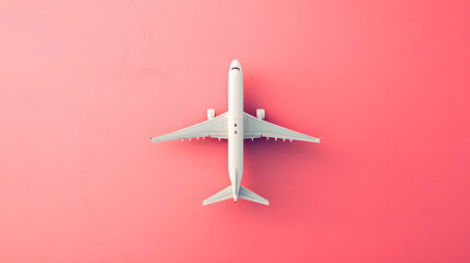 Travel insurance strategies concept. Aerial view of plane flying against pink background, symbolizing travel
