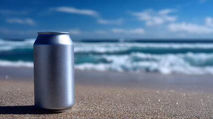 Obraz premium Seaside Refreshment: A solitary silver beverage can rests serenely on the sandy shore, the boundless ocean and azure sky forming a beautiful backdrop for this moment of coastal contemplation.