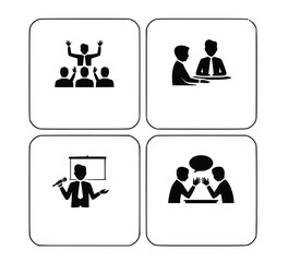Depicts business meetings, presentations, discussions, and audience engagement, all in simple black and white icons for easy visual communication, silhouette