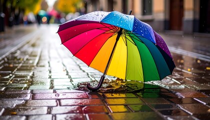 Colorful umbrella on wet pavement