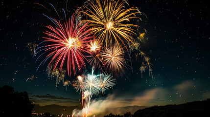 夏の夜空に大きく打ち上がるカラフルな花火｜日本の夏祭り・イベント風景・夜景素材