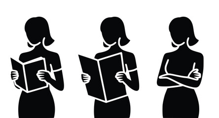 Three women show different poses reading books, an illustration suitable for libraries or educational settings, silhouette