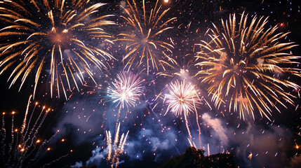 夏の夜空に大きく打ち上がるカラフルな花火｜日本の夏祭り・イベント風景・夜景素材